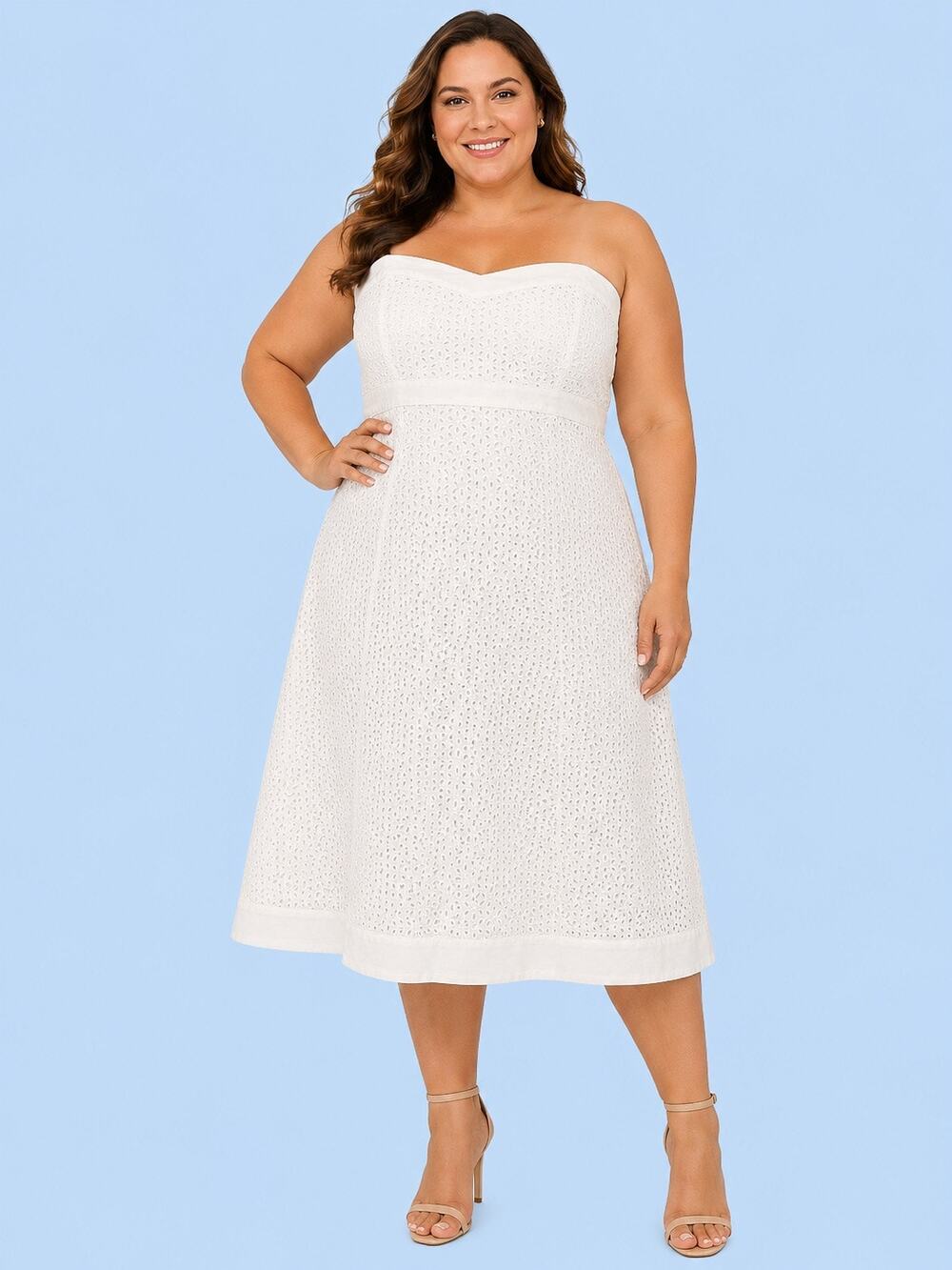 White House Black Market Strapless Eyelet Dress Women Size 14 White Cotton Midi